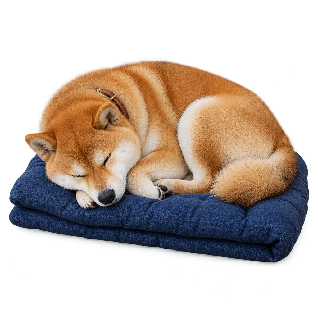 藍の座布団で丸くなって眠る柴犬