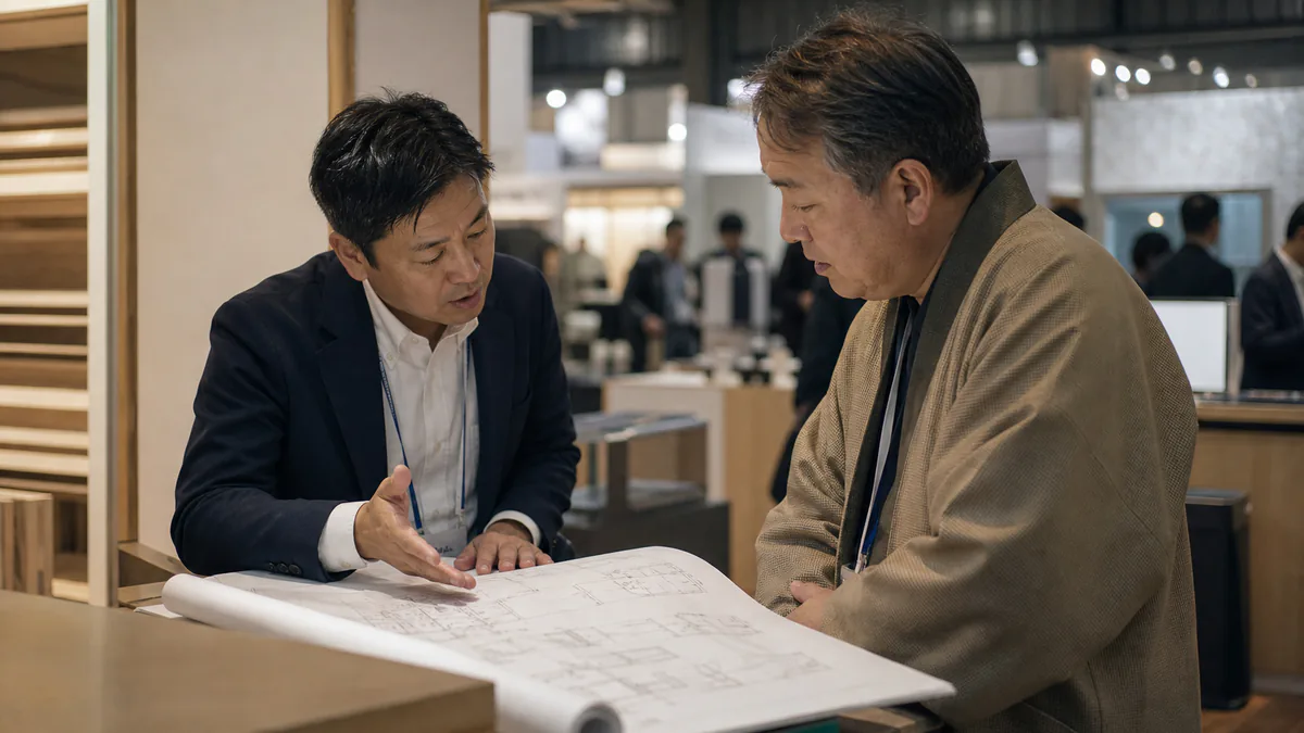 出展社ブースで担当者と商談する宿泊事業者