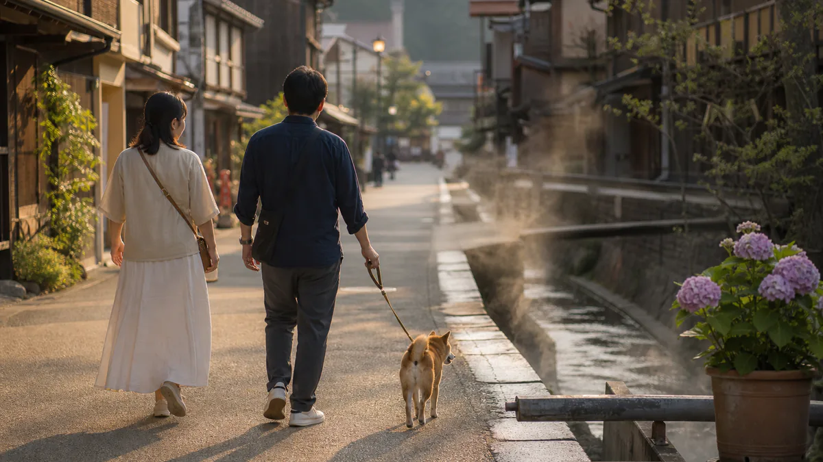 九州の観光地を愛犬と歩く旅行者